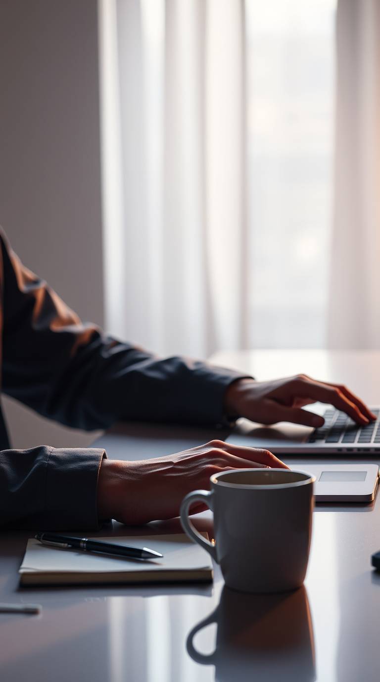 Minimal workspace with laptop, notebook and coffee cup