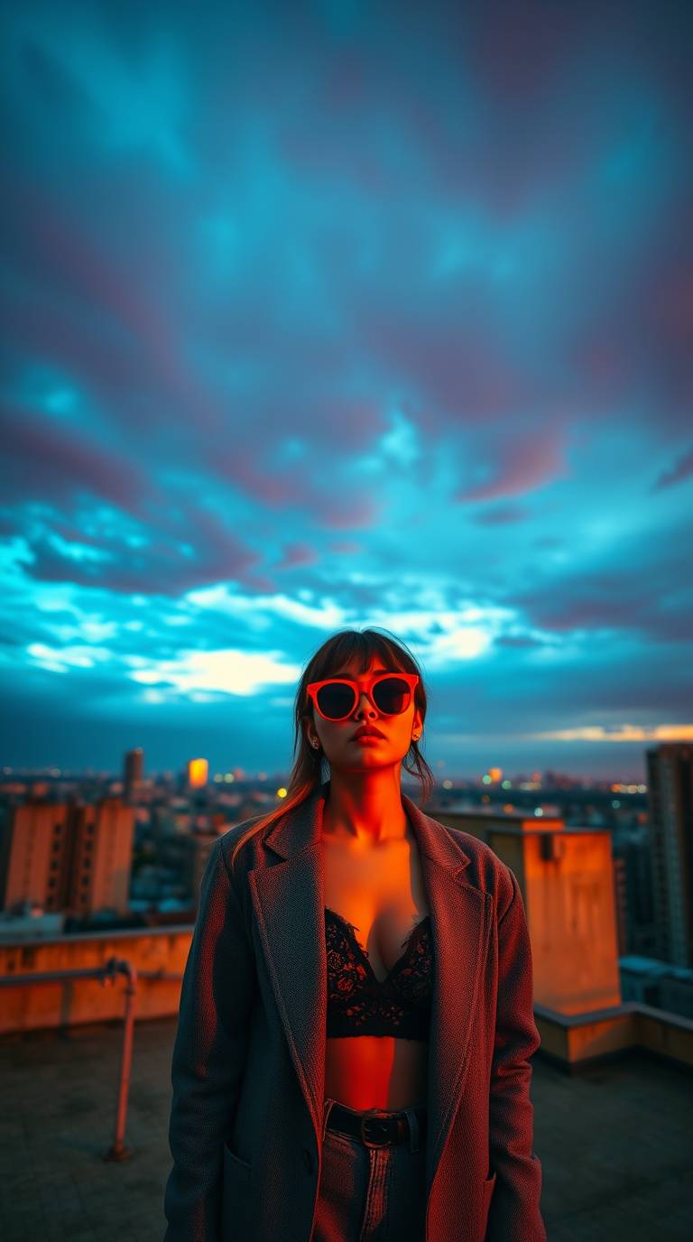 Stylish woman with red sunglasses on a city rooftop at sunset