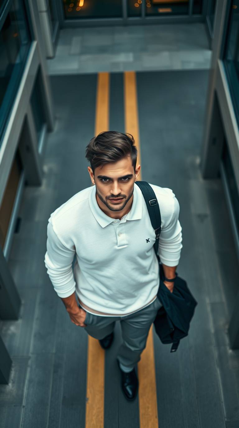 Confident man in white polo walking through modern urban corridor