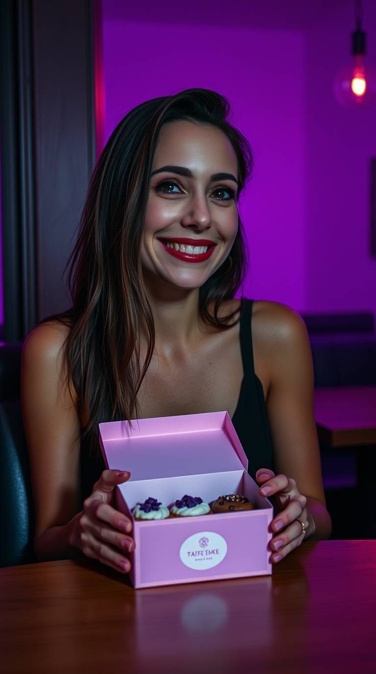 Smiling woman holding pastel dessert box in a neon-lit café