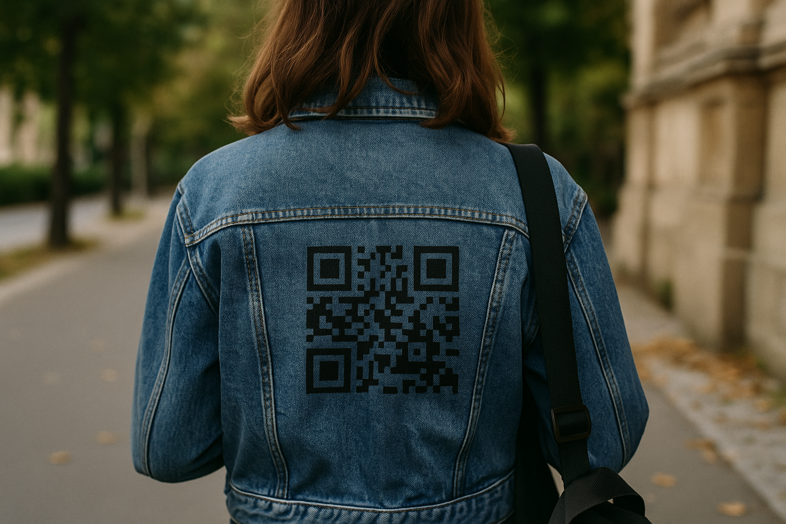 Lifestyle photo with a QR code on a denim jacket